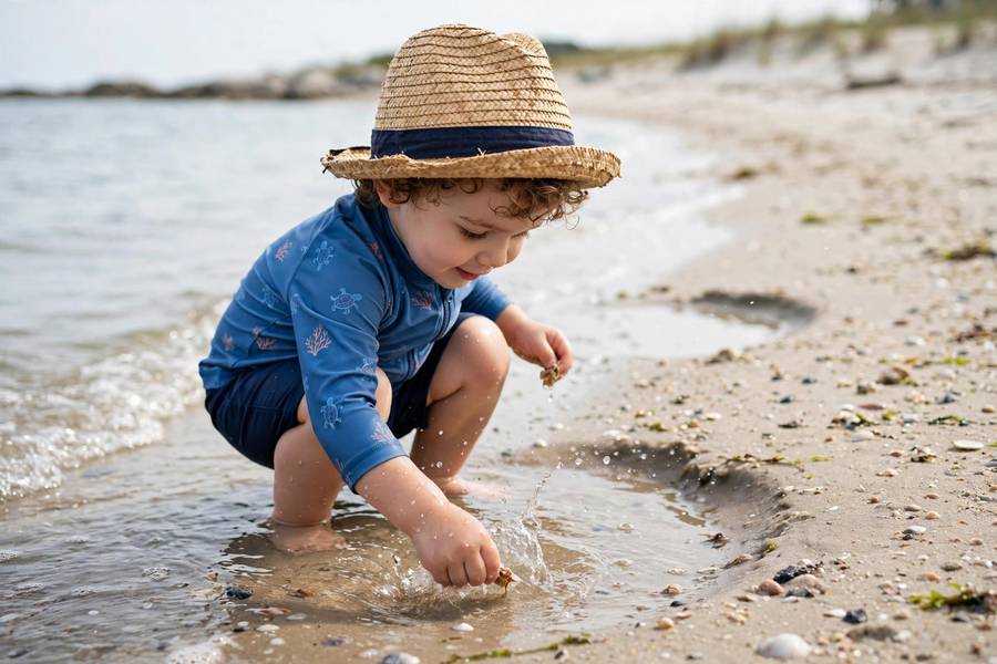 Toddler in sun hat and rash guard playing at the beach shoreline