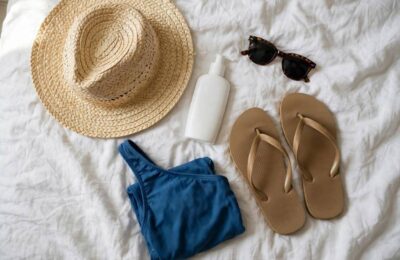 A flat-lay of beach vacation packing list essentials — hat, sunscreen, and light clothing