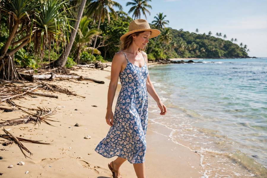 Woman in sundress and sun hat walking on tropical beach