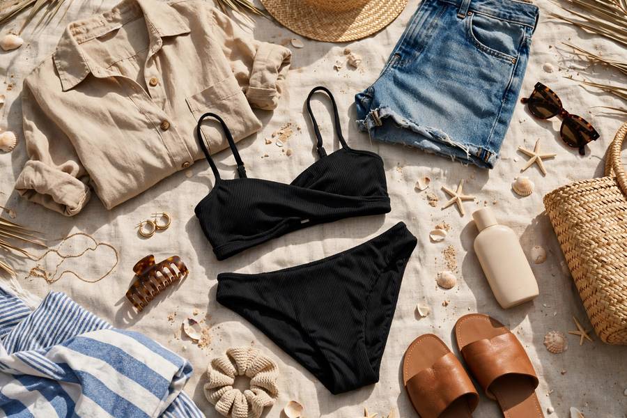 Beach vacation capsule wardrobe flat lay with swimwear