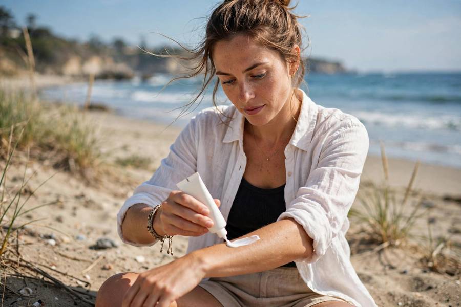 Woman applying sunscreen at beach with ocean background