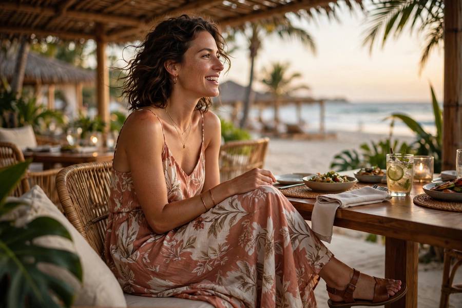 Beach dinner outfit with maxi dress and sandals resort