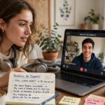 How to Become Fluent in a Language: The Realistic Roadmap Woman practicing to become fluent in a language with an exchange partner on video call