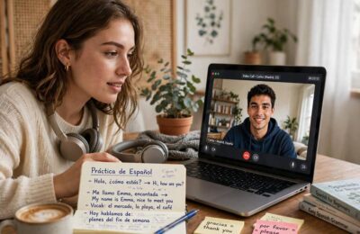 Woman practicing to become fluent in a language with an exchange partner on video call