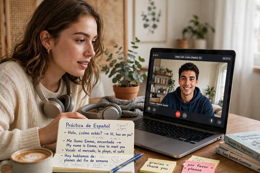 Woman practicing to become fluent in a language with an exchange partner on video call