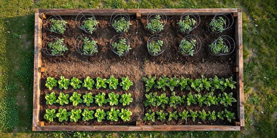 Overhead view of a beginner 4x8 raised bed vegetable garden layout with tomatoes at the north end