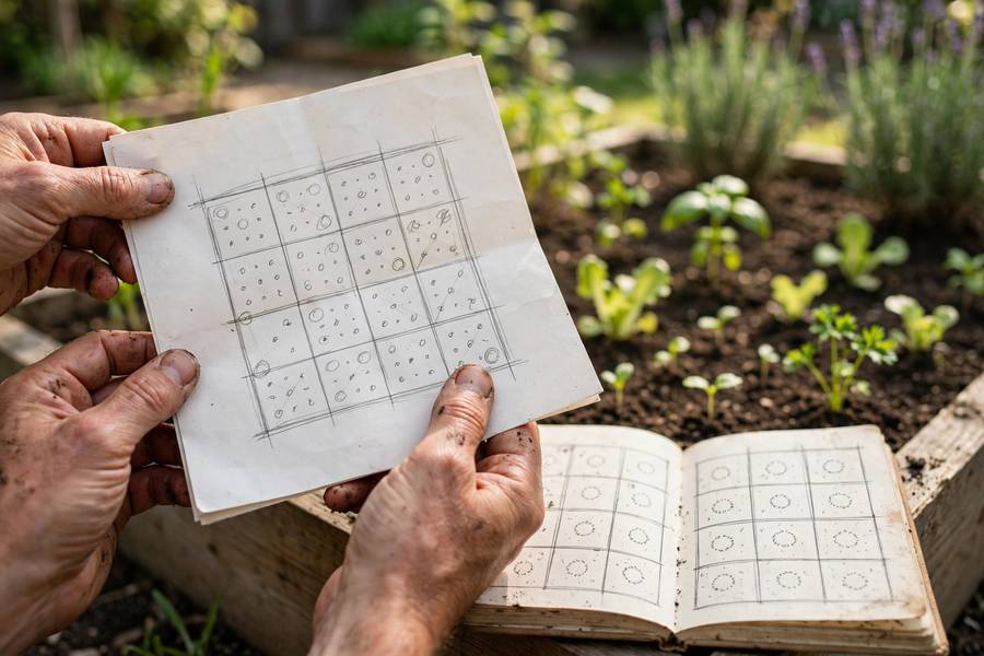 Gardener holding a hand-drawn vegetable garden layout plan beside a sunny raised bed