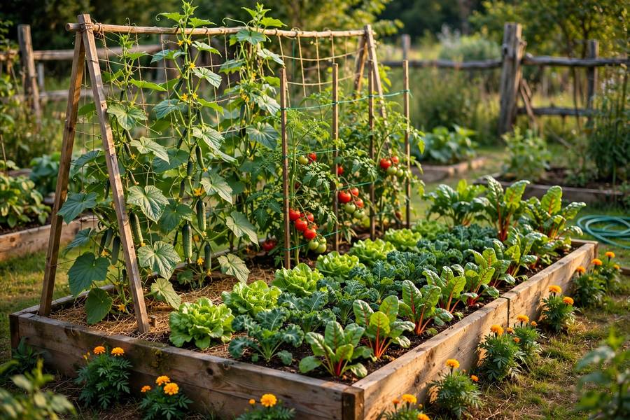 Lush 4x8 raised bed vegetable garden in midsummer with trellised cucumbers and neat rows of greens