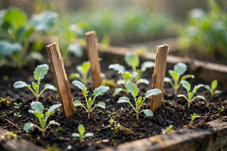 Wooden plant markers in dark soil between young vegetable seedlings in a raised bed