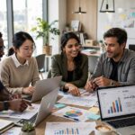 Benefits of AI for Businesses: The Honest List A business team collaborating with AI tools, representing the benefits of AI for businesses in teamwork
