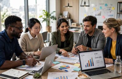 A business team collaborating with AI tools, representing the benefits of AI for businesses in teamwork