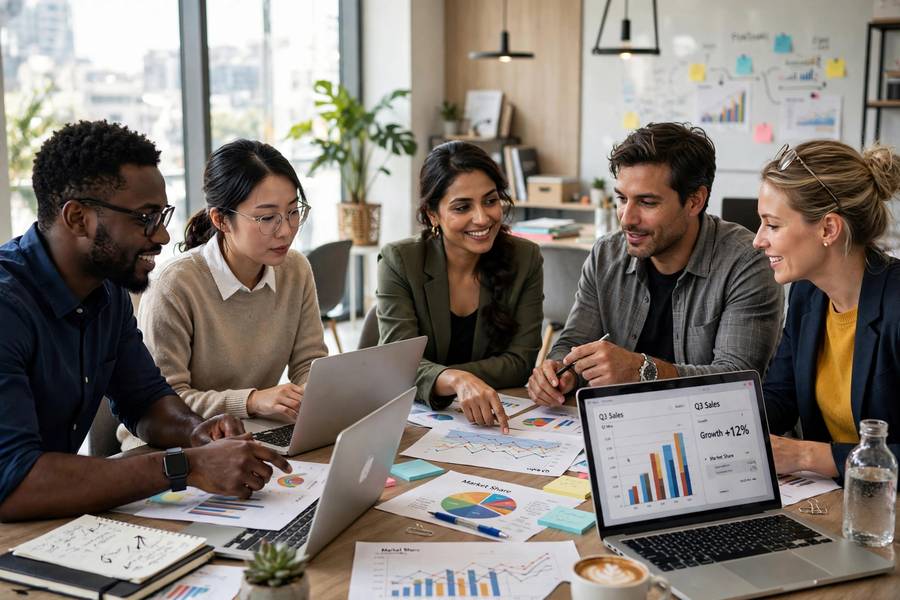 A business team collaborating with AI tools, representing the benefits of AI for businesses in teamwork
