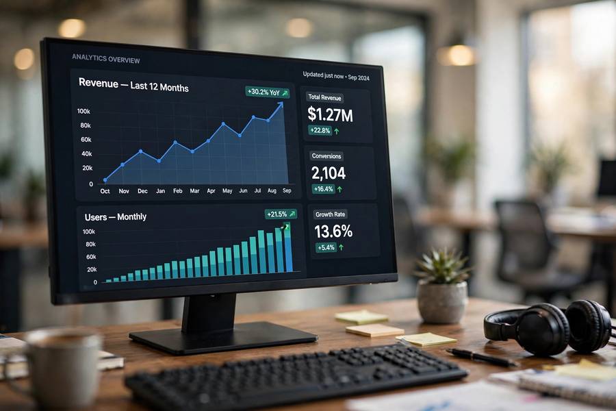 Analytics dashboards showing performance improvements, one of the measurable benefits of AI for businesses