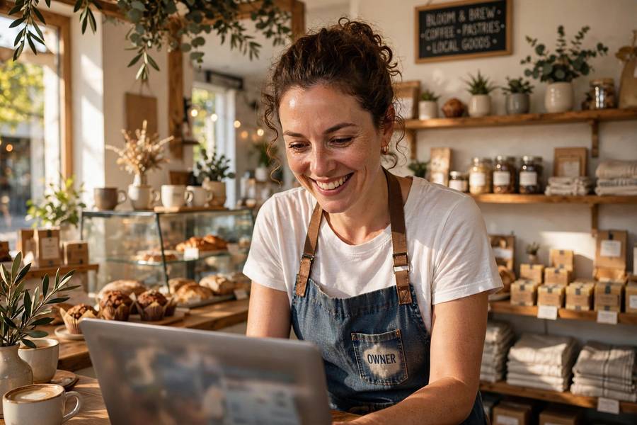 A business owner benefiting from AI tools that show the benefits of AI for businesses in daily work