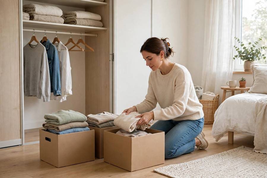 Person decluttering a closet with donation boxes in a bright room