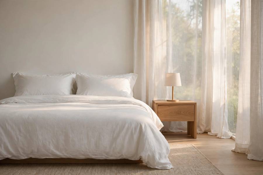 Minimalist bedroom with simple bedding and clear surfaces