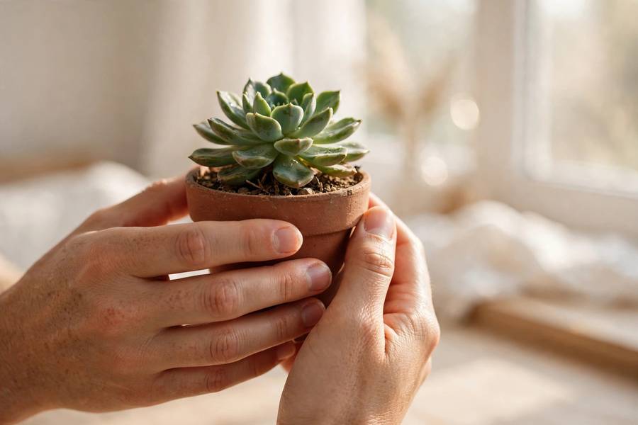 Hands holding a small plant in a bright minimalist home