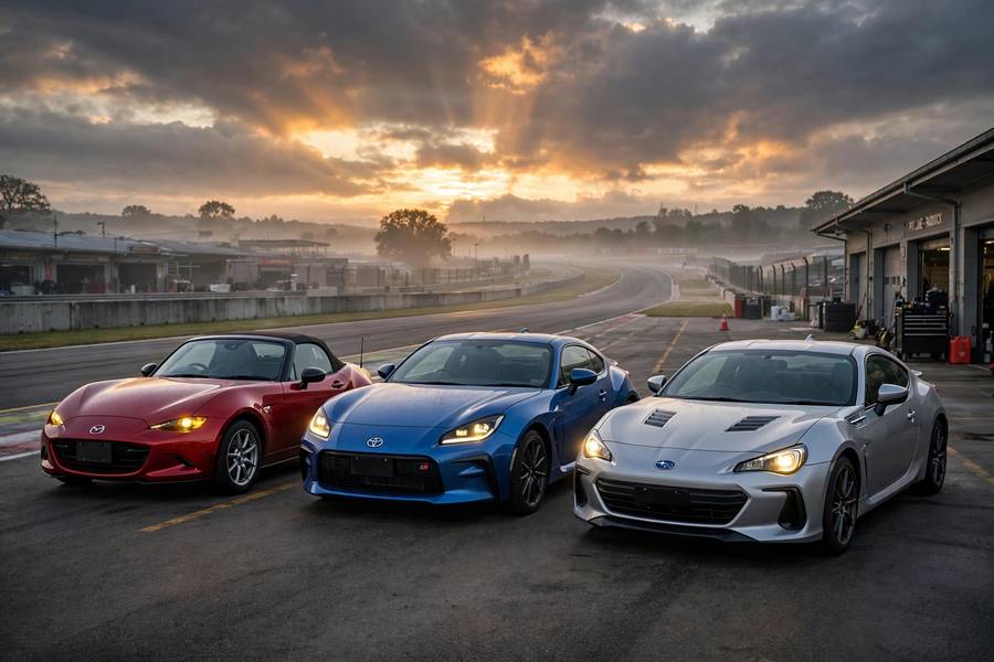 Lineup of the best affordable sports cars at a racetrack at sunrise