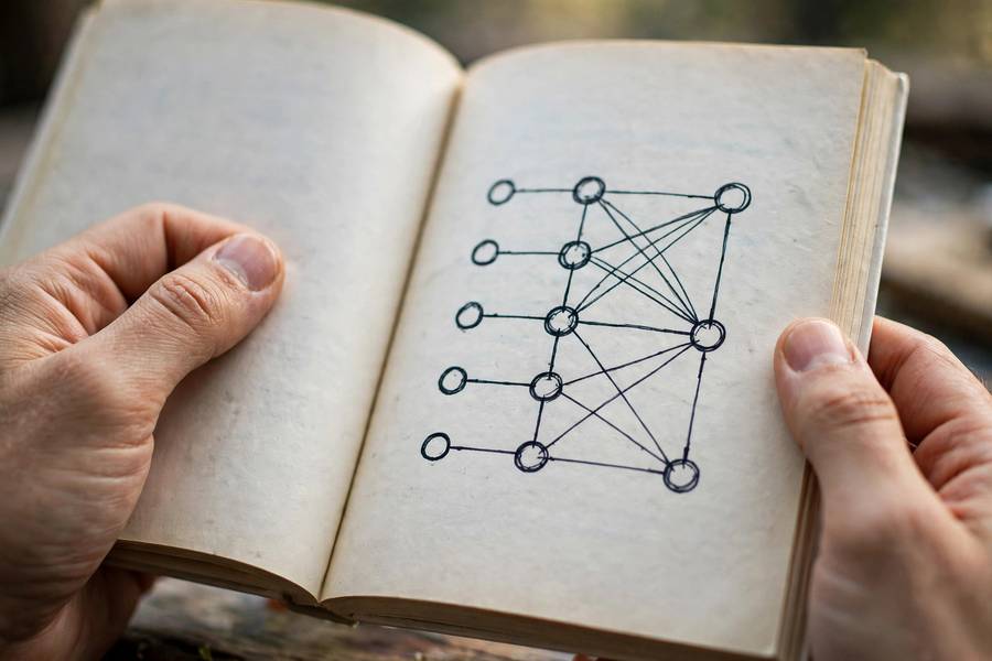 A neural network diagram in an open book