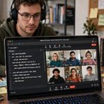 An adult student in an intensive online AI bootcamp video session with classmates