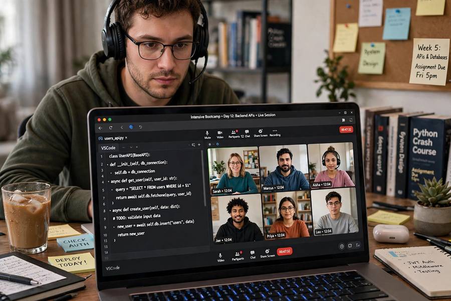 An adult student in an intensive online AI bootcamp video session with classmates