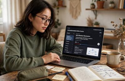 A beginner taking an online AI course on a laptop at a home desk