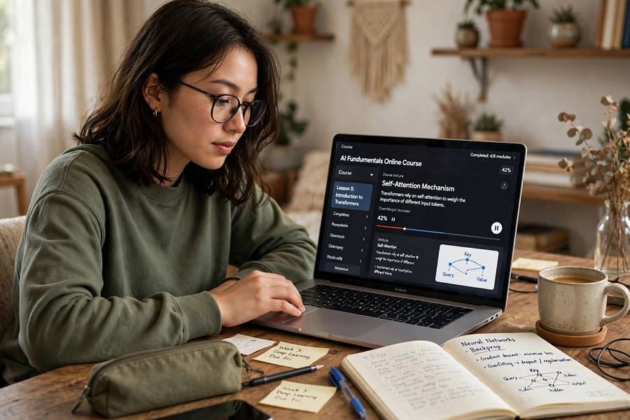 A beginner taking an online AI course on a laptop at a home desk