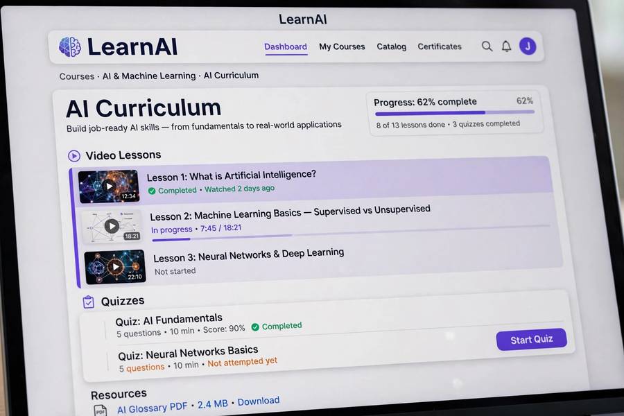 An online learning platform displaying an AI course curriculum with video lessons