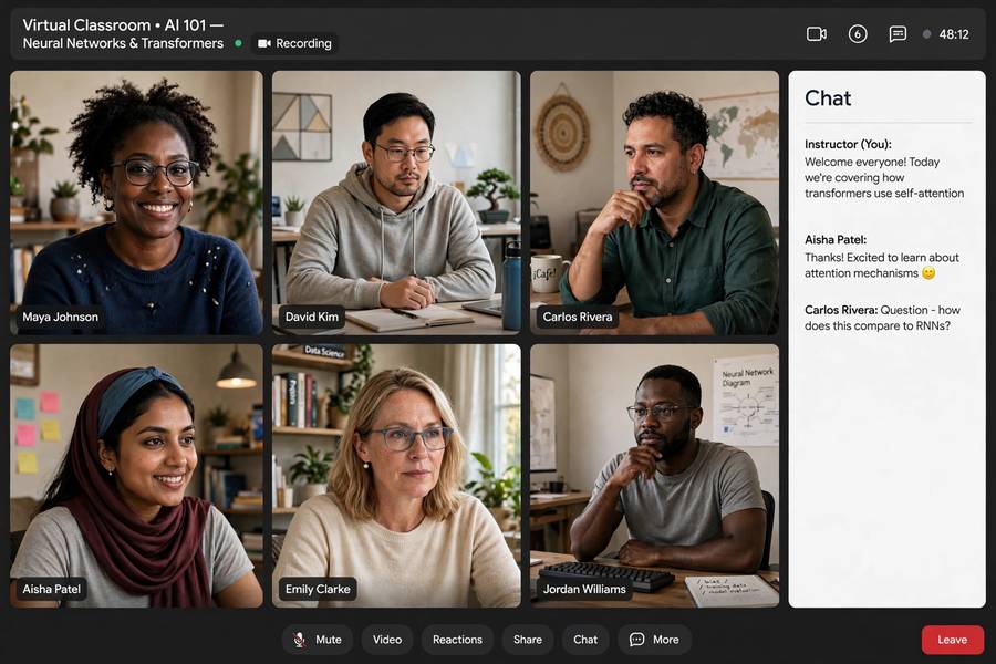 Adult students in a virtual classroom video call learning artificial intelligence