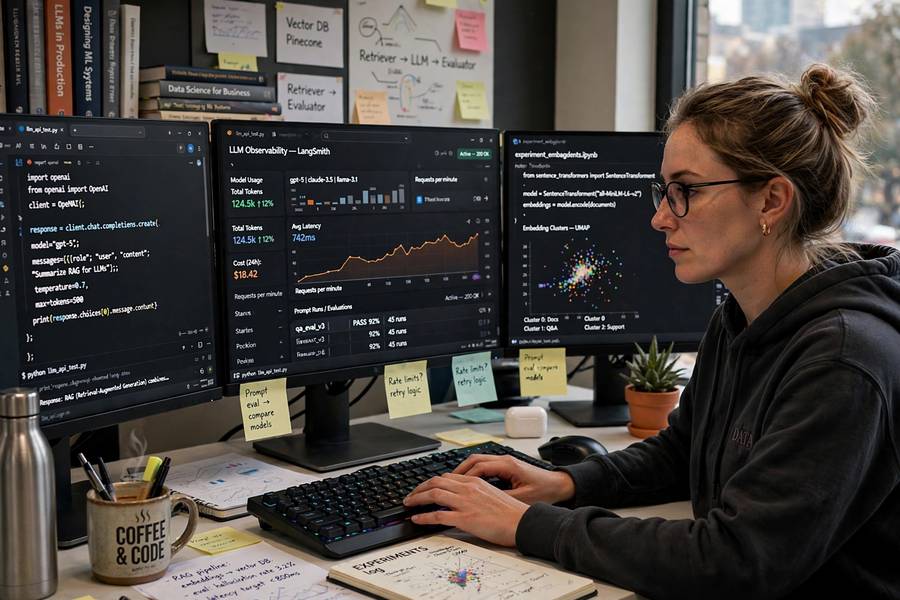 A data scientist working with LLM APIs and modern AI tools on multiple monitors