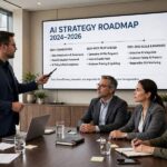 Best AI Courses for Managers: Lead AI Adoption With Confidence A manager presenting an AI strategy roadmap to executives in a boardroom