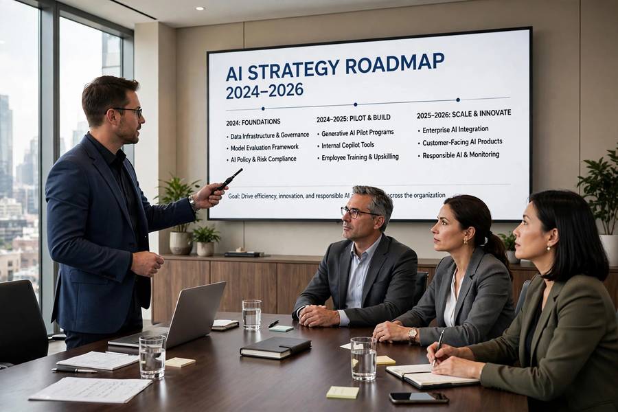 A manager presenting an AI strategy roadmap to executives in a boardroom