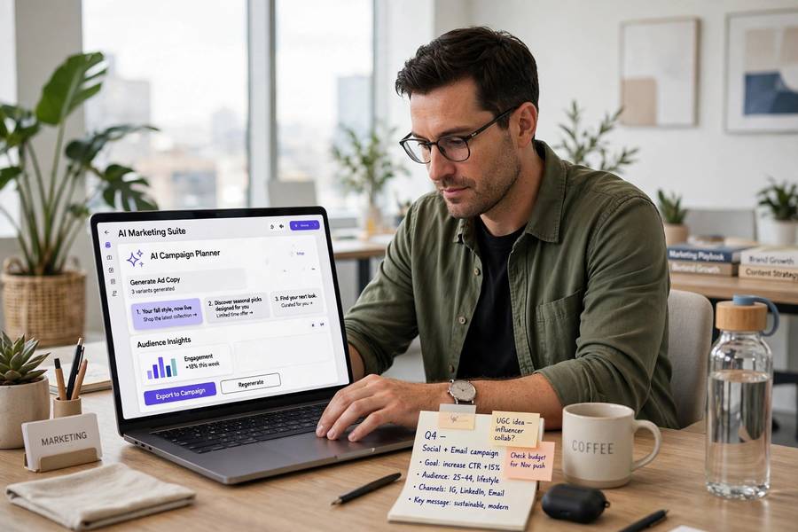A marketing professional using AI tools on a laptop in a modern office without any code