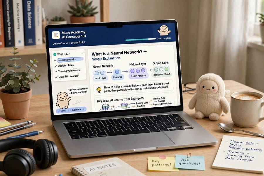 An online course showing simple visual explanations of AI concepts with friendly illustrations