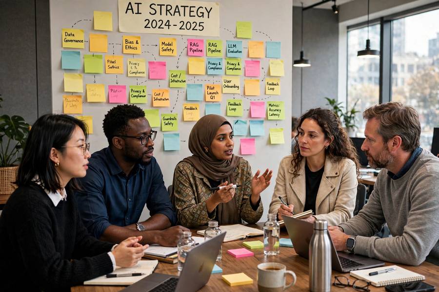 A diverse team discussing AI strategy in a meeting room with sticky notes