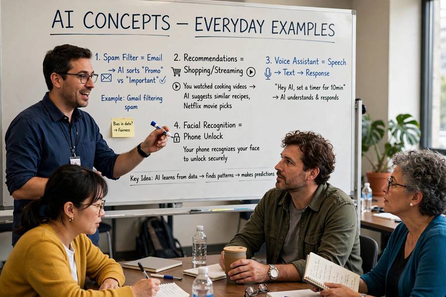 A teacher explaining AI concepts with everyday examples to adult students
