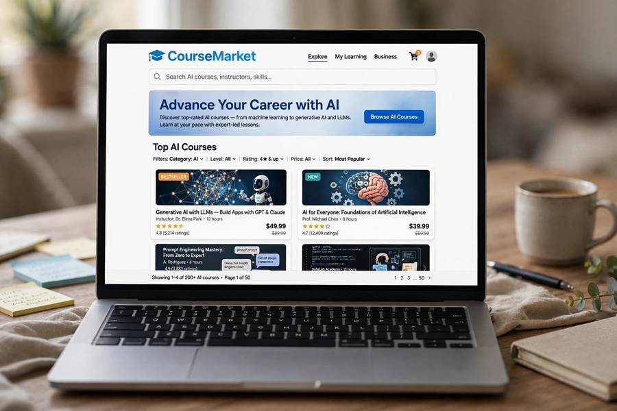 A laptop showing the Udemy marketplace with AI course listings and star ratings