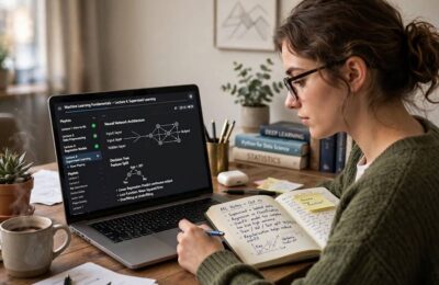 Student taking one of the best AI courses online on a laptop at home