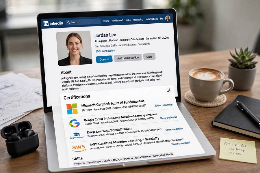 A LinkedIn profile on a laptop showing AI certifications in the credentials section