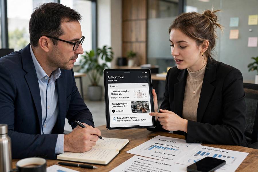 A job candidate discussing their AI project portfolio on a tablet during an interview