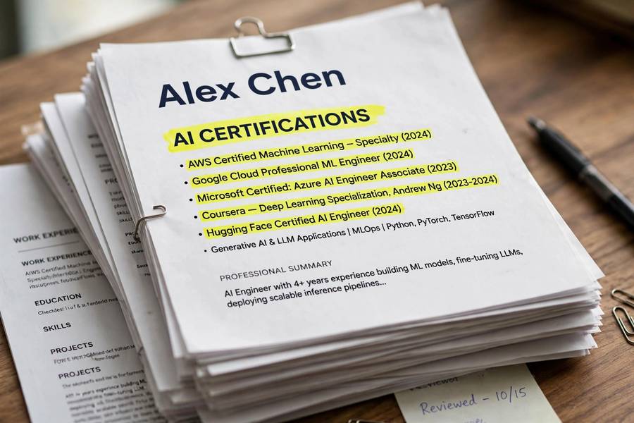 A stack of resumes with one highlighted showing AI certifications