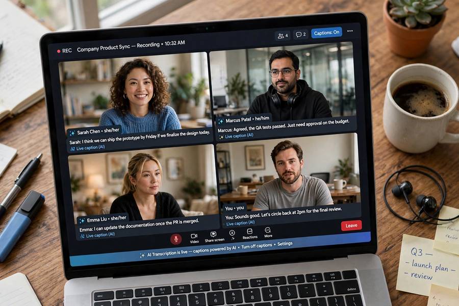 AI note-taking tool transcribing a meeting live with captions on a laptop