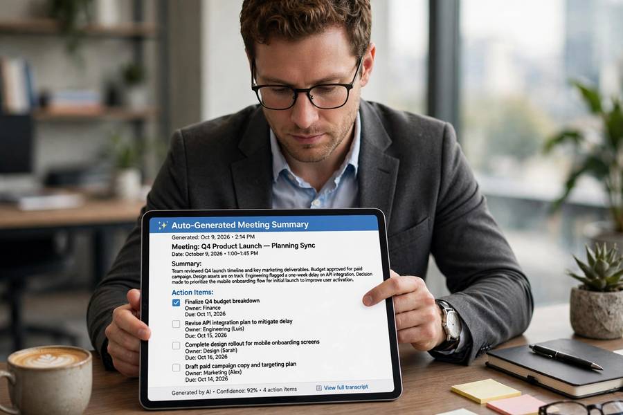 Reviewing an AI-generated meeting summary with action items on a tablet
