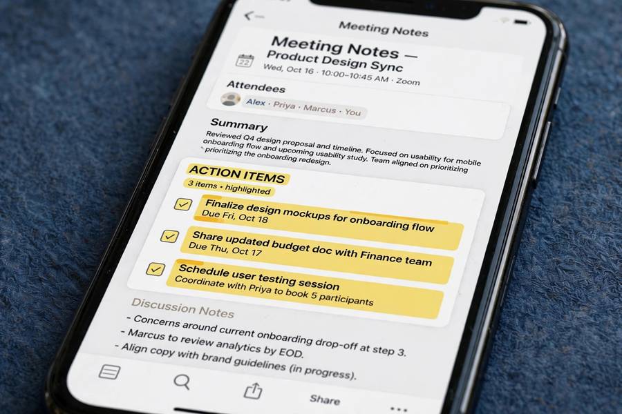 Meeting notes app on a smartphone showing AI-extracted action items