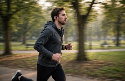 A person listening to a podcast while jogging in a park