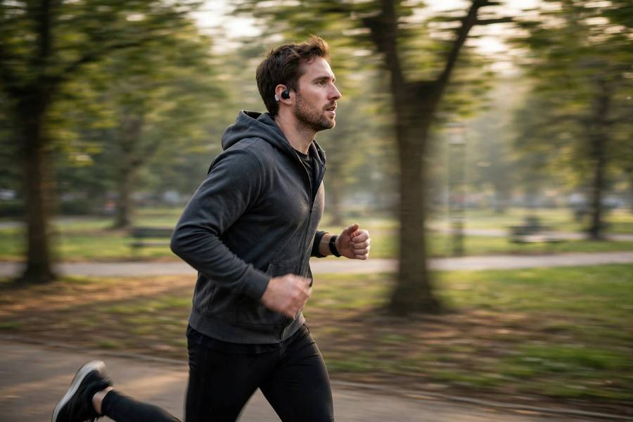 A person listening to a podcast while jogging in a park