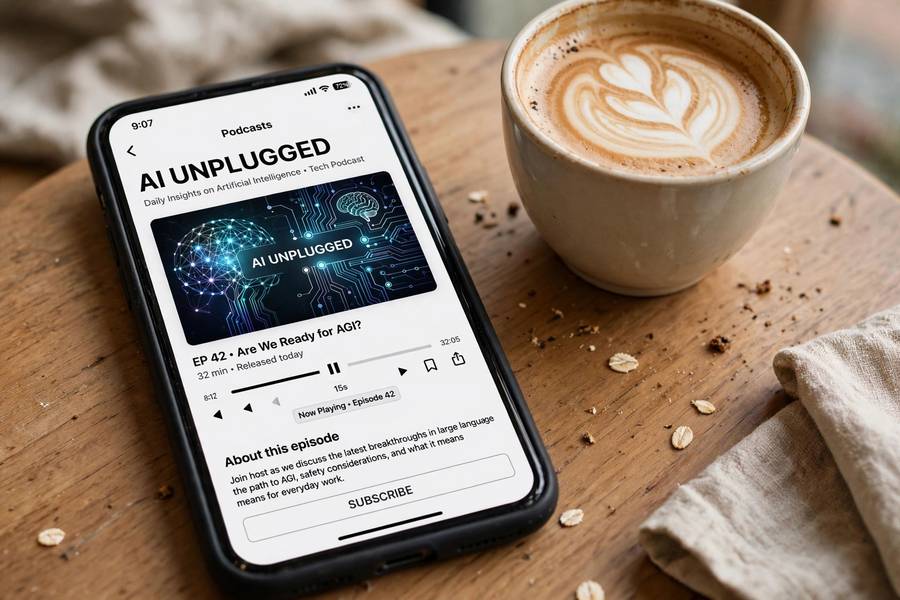 A podcast app open on a smartphone next to coffee