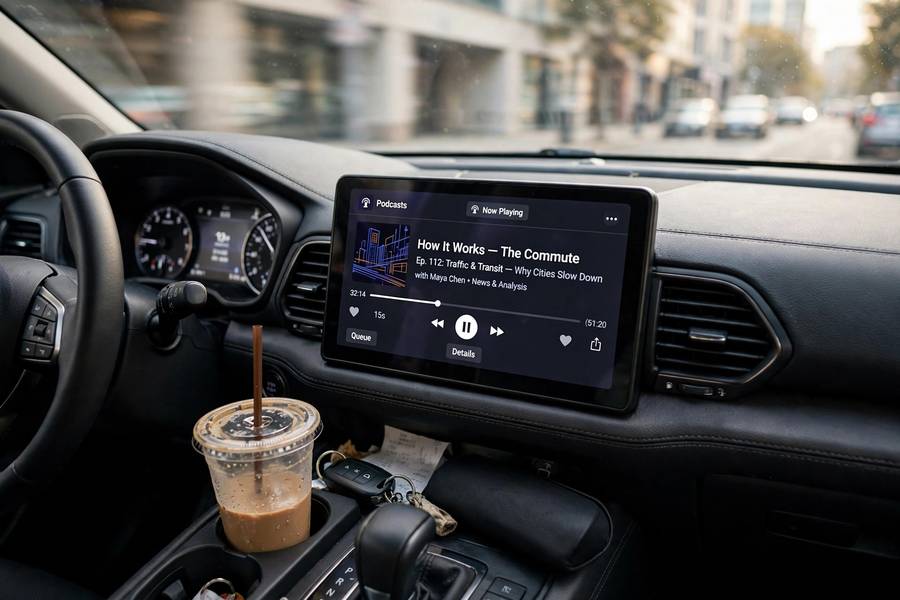 Listening to a podcast during a car commute