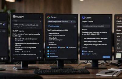A lineup of different AI search engine interfaces on multiple screens