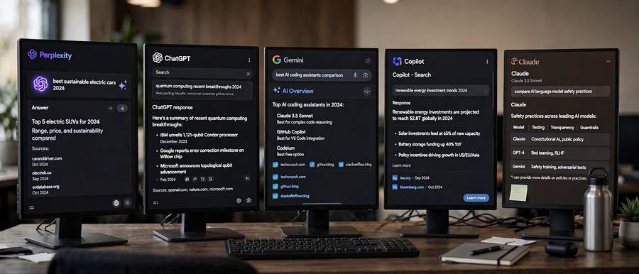A lineup of different AI search engine interfaces on multiple screens